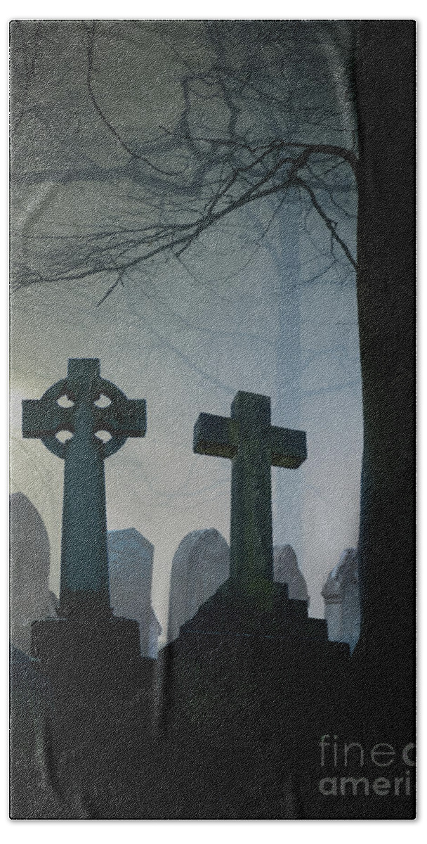 Graves Beach Towel featuring the photograph Eerie Graveyard At Night In Winter Fog by Lee Avison