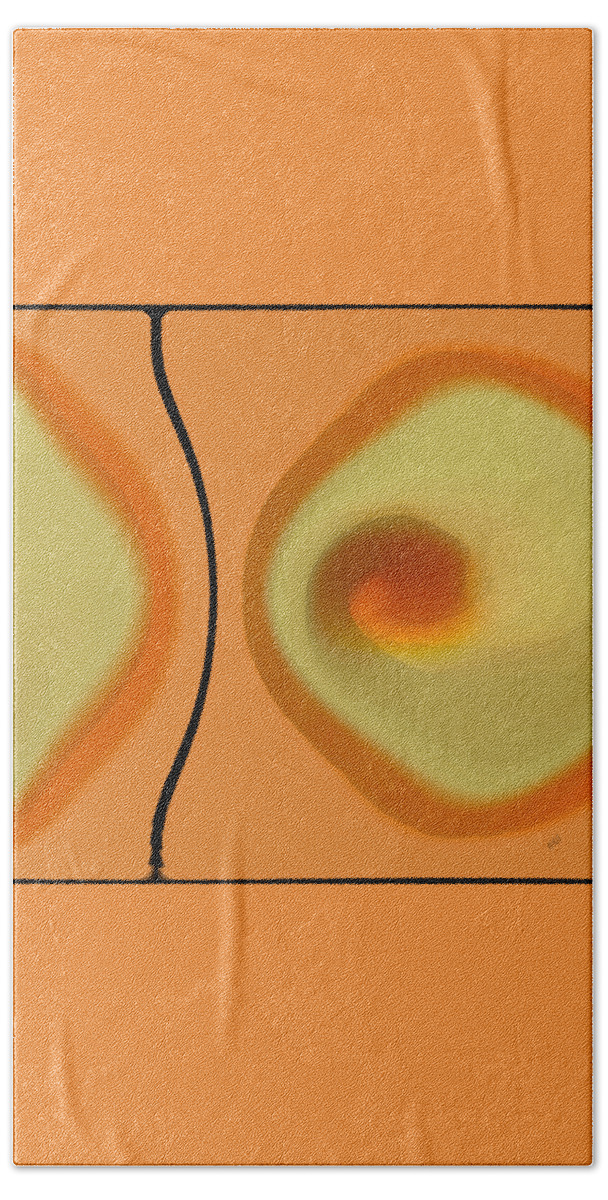 Orange Abstract Beach Towel featuring the digital art Egg On Broken Plate by Ben and Raisa Gertsberg