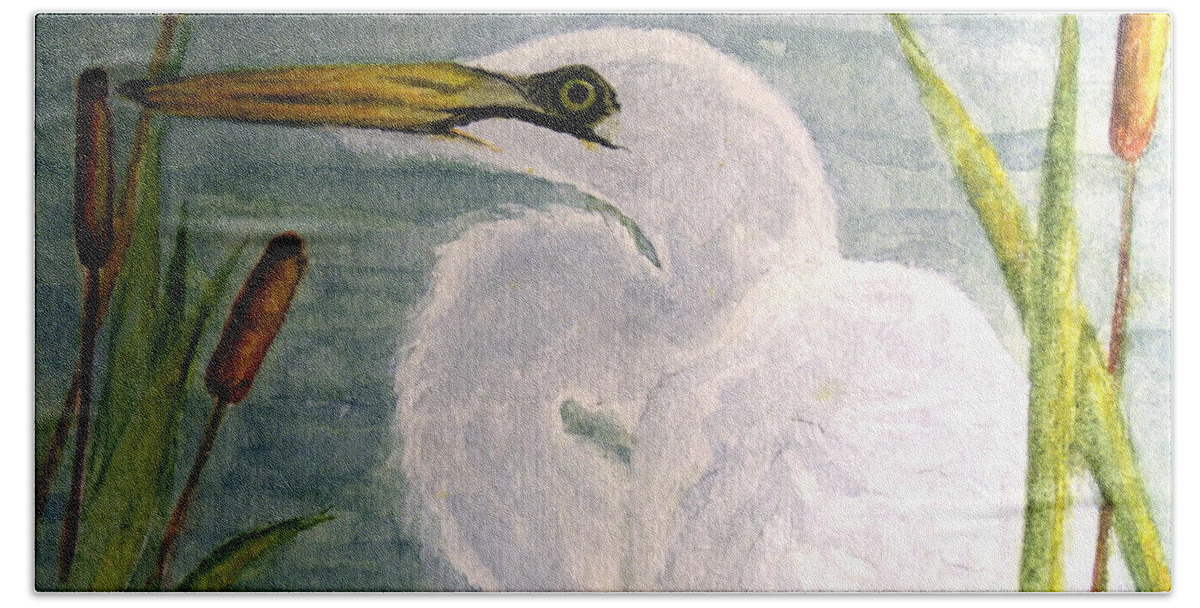 Egret Beach Towel featuring the painting Egret in the Cattails by Carol Grimes