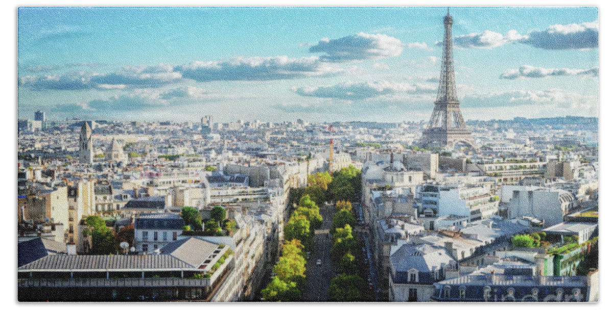 Eiffel Beach Towel featuring the photograph Eiffel Tower Cityscape by Anastasy Yarmolovich