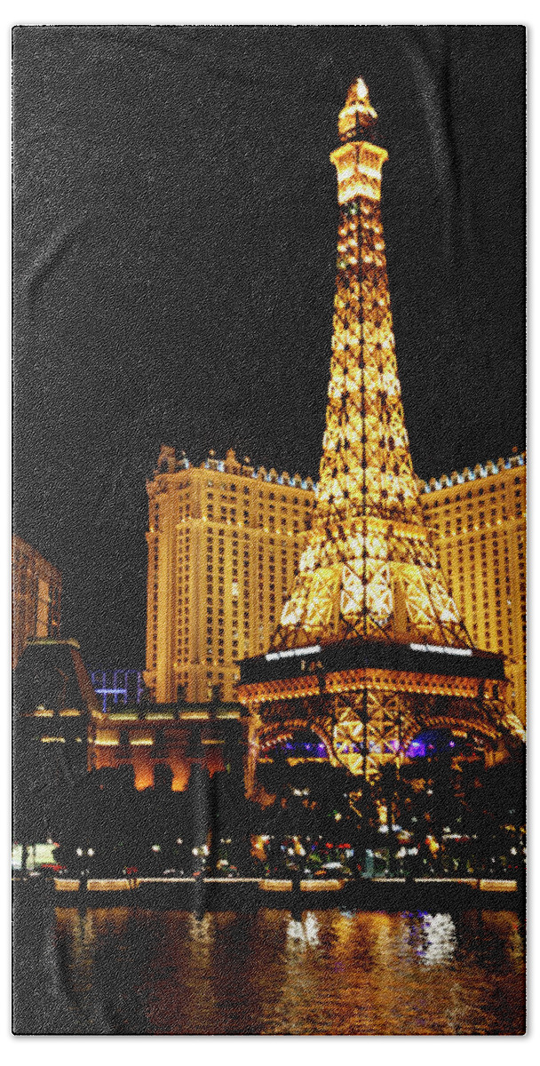 Hotel Beach Towel featuring the photograph Eiffel Tower at Night Vegas by Marilyn Hunt