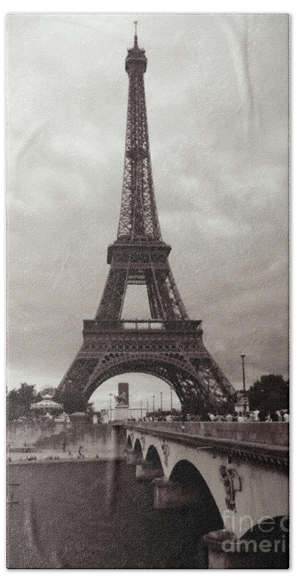 Architecture Beach Towel featuring the photograph Eiffel Tower with Bridge in Sepia by Carol Groenen