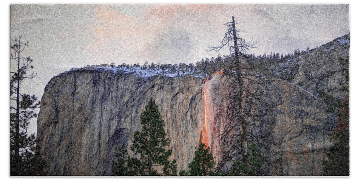 2017conniecooper-edwards Beach Sheet featuring the photograph El Capitan Glowing Horsetail Falls by Connie Cooper-Edwards