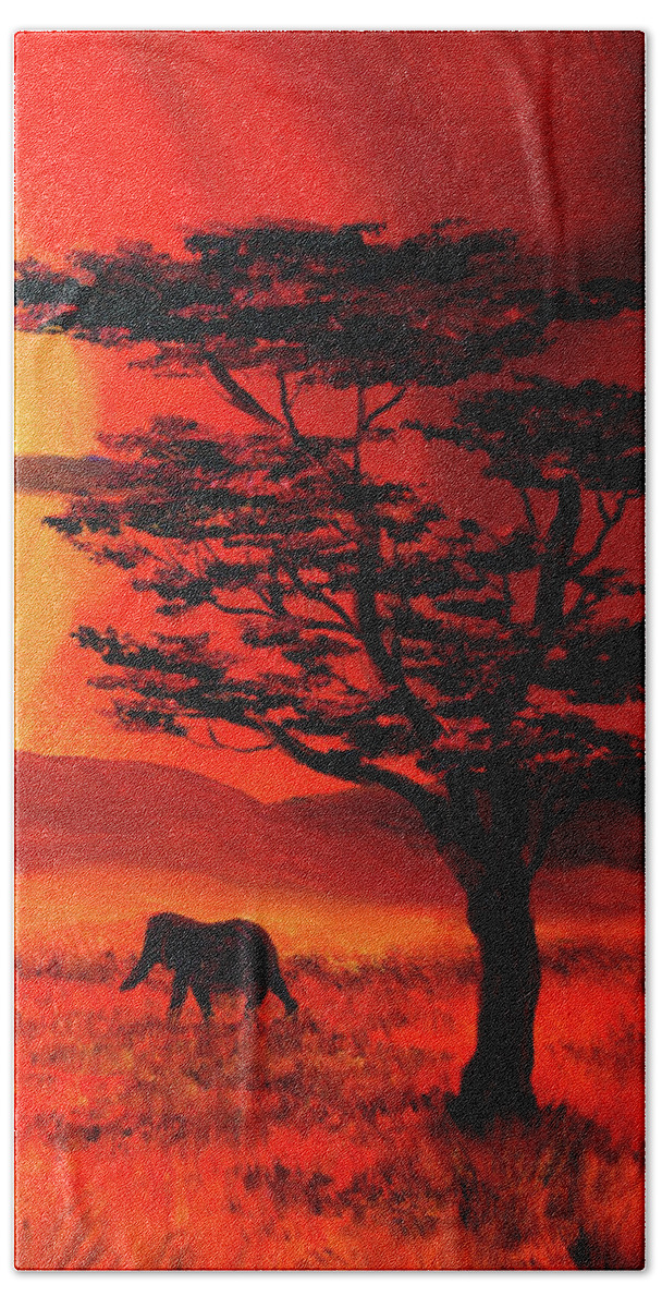 Africa Beach Sheet featuring the painting Elephant in a Bright Sunset by Laura Iverson