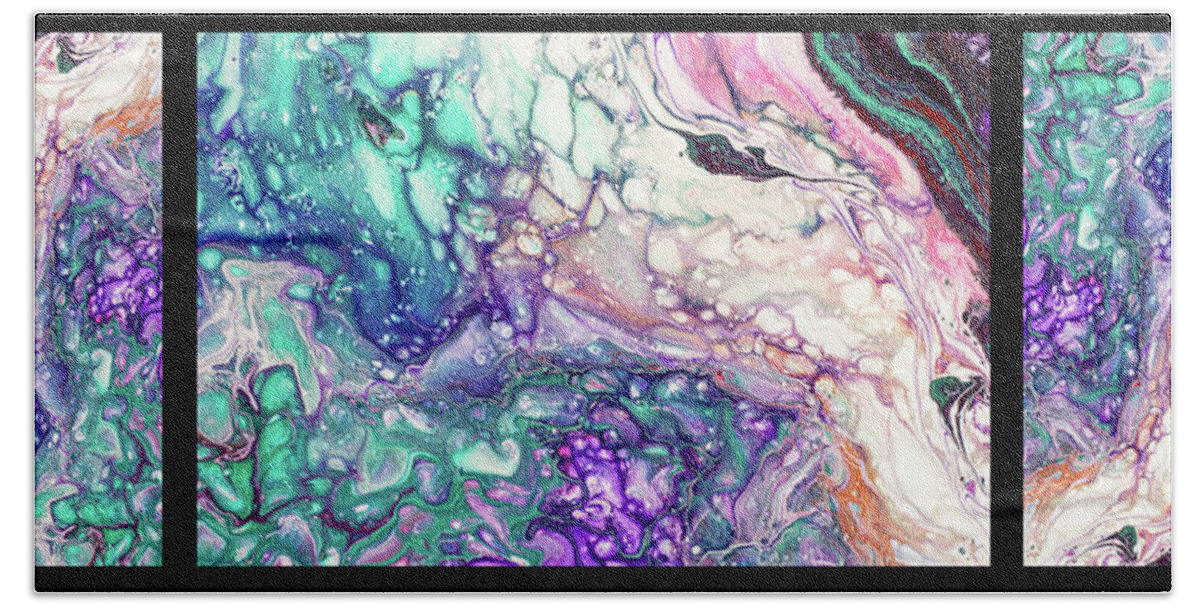 Jenny Rainbow Fine Art Photography Beach Towel featuring the photograph Emerald and Amethyst Triptych. Abstract Fluid Acrylic Painting by Jenny Rainbow