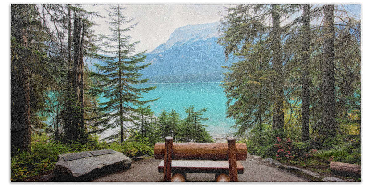 Emerald Lake Beach Towel featuring the photograph Emerald Bench by Deborah Penland