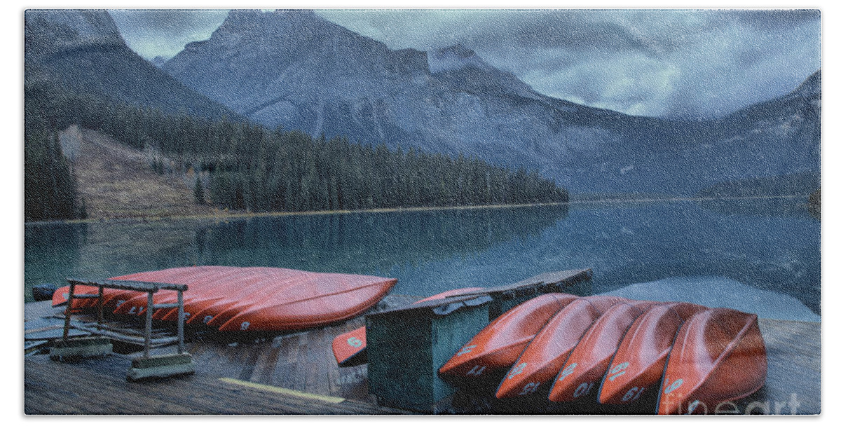 Emerald Lake Beach Towel featuring the photograph Emerald Lake Canoes by Adam Jewell