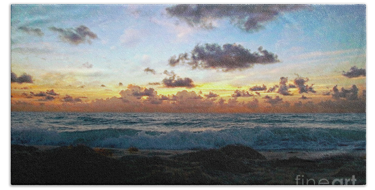 141a Beach Towel featuring the photograph Emerald Sunset Seascape 141A by Ricardos Creations