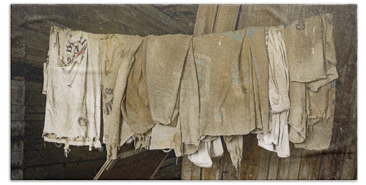 Michigan Beach Towel featuring the photograph Empty hanging grain sacks by LeeAnn McLaneGoetz McLaneGoetzStudioLLCcom
