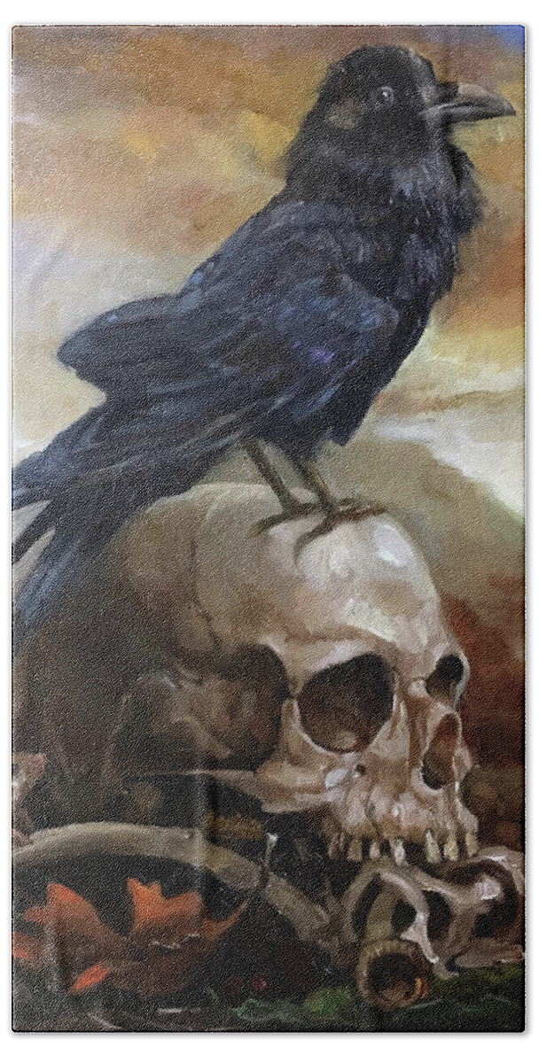 Raven Beach Towel featuring the painting End of Time by Margot King