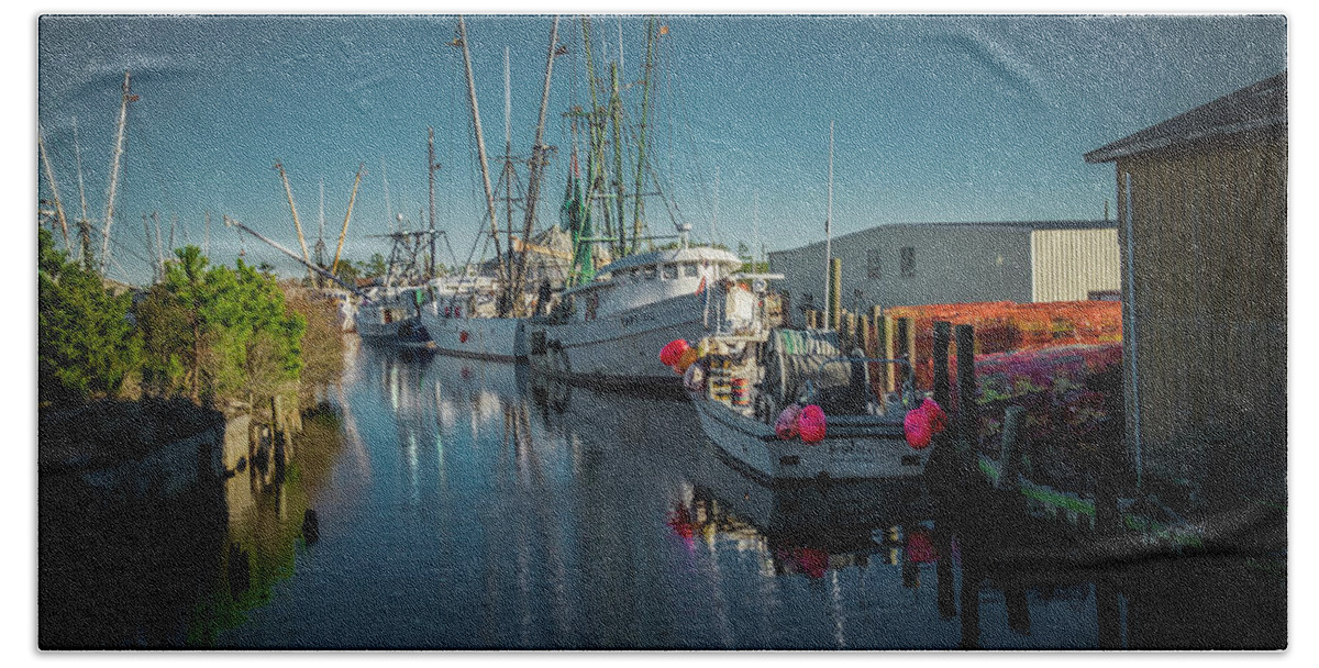 Fishing Boats Beach Towel featuring the photograph Englehardt,NC Fishing Town by Donald Brown