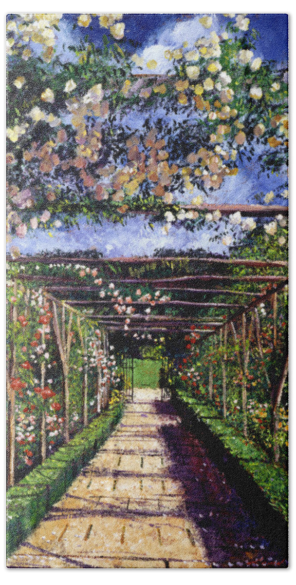 Gardens Beach Towel featuring the painting English Rose Trellis by David Lloyd Glover