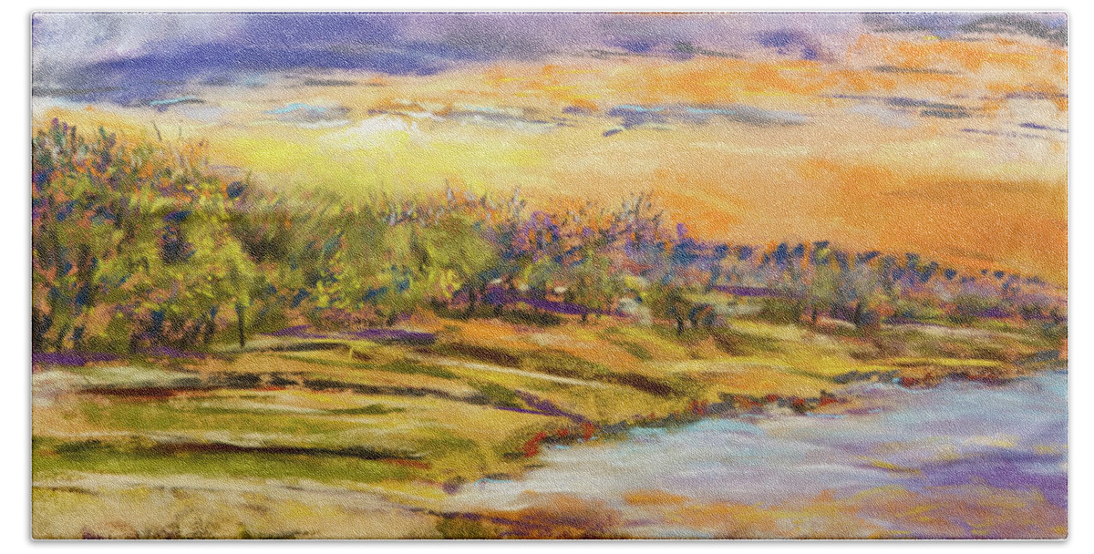 Pastel Painting Beach Towel featuring the painting Enid Shore Sunrise by Barry Jones