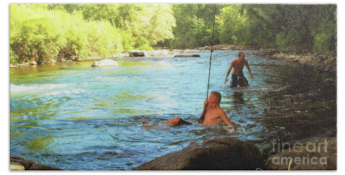 Two Teen Boys Jump Into The Stream From A Rope Swing Beach Towel featuring the digital art Enjoying the cool creek by Annie Gibbons