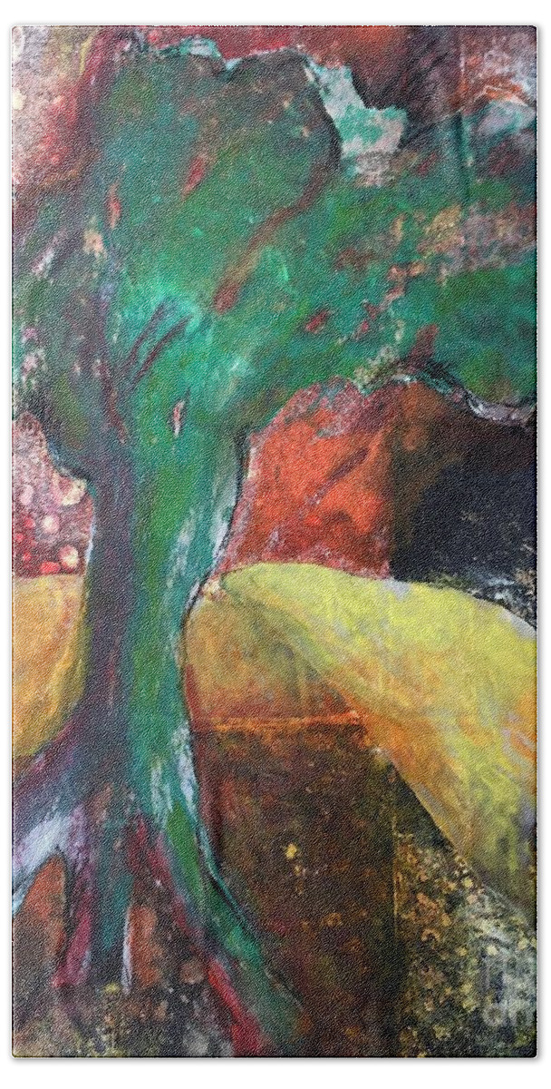 Abstract Tree Beach Towel featuring the painting Escaped the Blaze by Elizabeth Fontaine-Barr