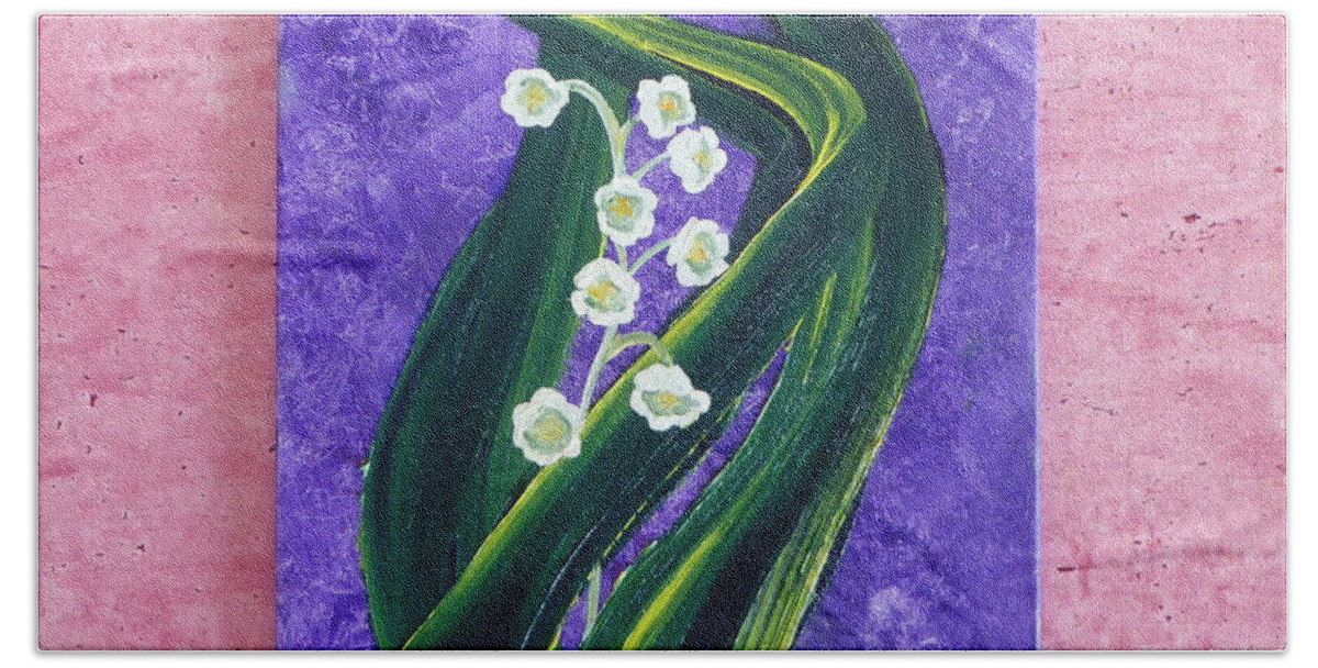 Lilly Of The Valley Beach Sheet featuring the painting Escaping Winter Lilly of the Valley by Cheryl Nancy Ann Gordon