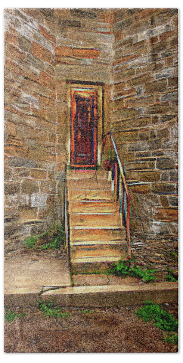 Eastern State Penitentiary Beach Towel featuring the photograph ESP Tower Stairs by Tom Singleton