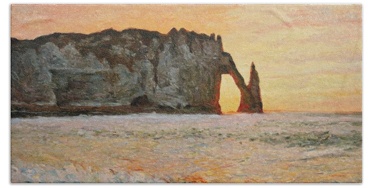 Europe Beach Towel featuring the painting Etretat, Sunset by Pierre Dijk