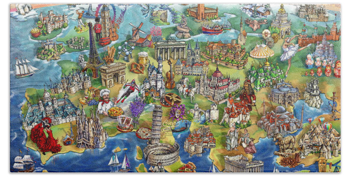Europe Beach Towel featuring the painting European World Wonders Illustrated Map by Maria Rabinky