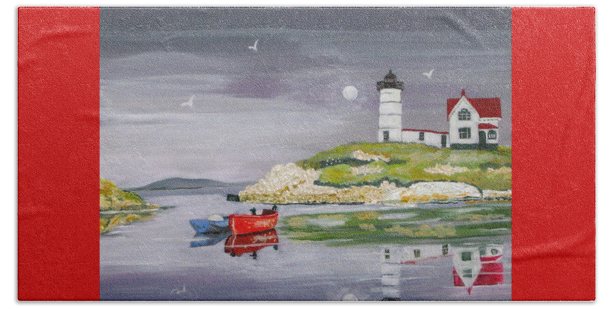 Lighthouse Beach Sheet featuring the painting Evening Lighthouse by Phyllis Kaltenbach
