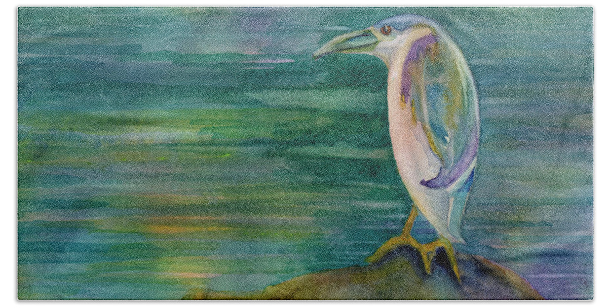 Black Headed Night Heron Beach Towel featuring the painting Evening Watch by Amy Kirkpatrick