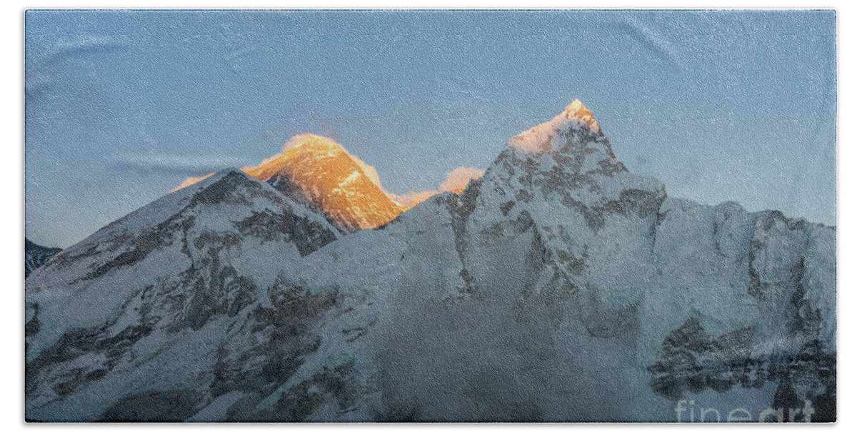 Everest Beach Towel featuring the photograph Everest and Lhotse Peaks Alpenglow by Mike Reid