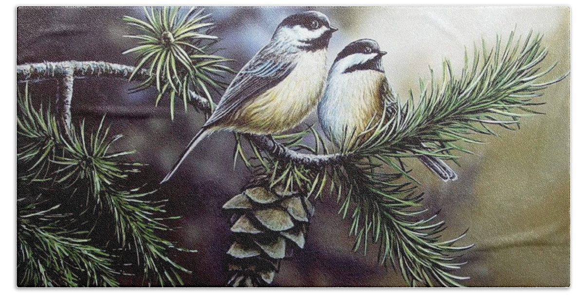 Chickadees Beach Towel featuring the painting Evergreen Chickadees by Anthony J Padgett