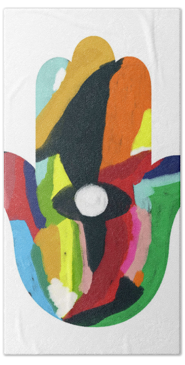 Hamsa Beach Towel featuring the mixed media Expressionist Hamsa- Art by Linda Woods by Linda Woods
