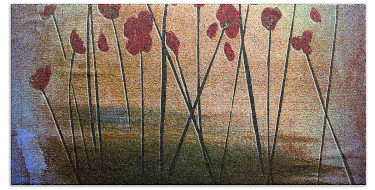 Martha Ann Beach Sheet featuring the painting Expressive Floral Red Poppy Field 725 by Mas Art Studio