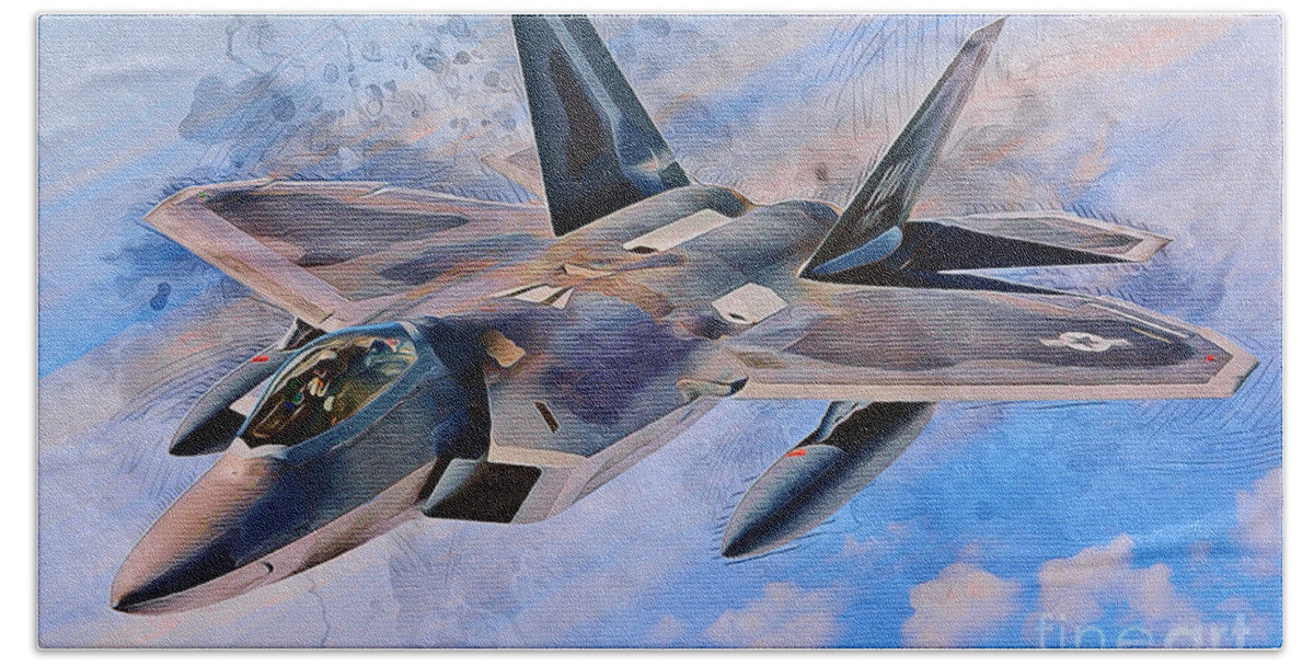 Fighter Beach Towel featuring the mixed media F22 Raptor by Ian Mitchell