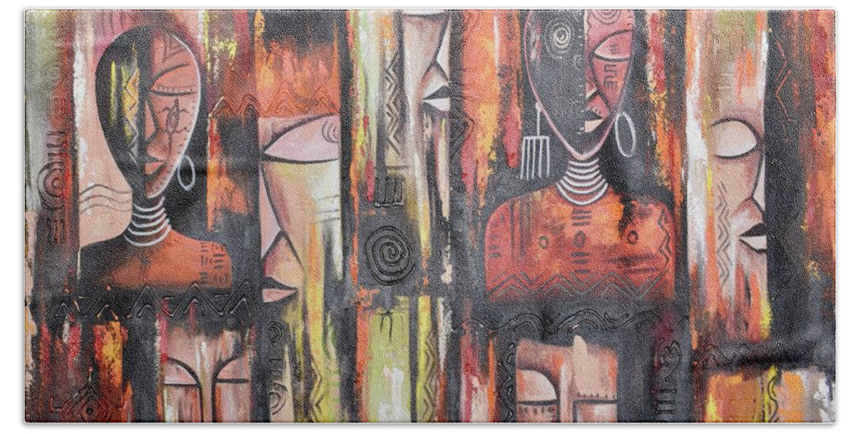 African Artists Beach Sheet featuring the painting Facemask by Daniel Akortia