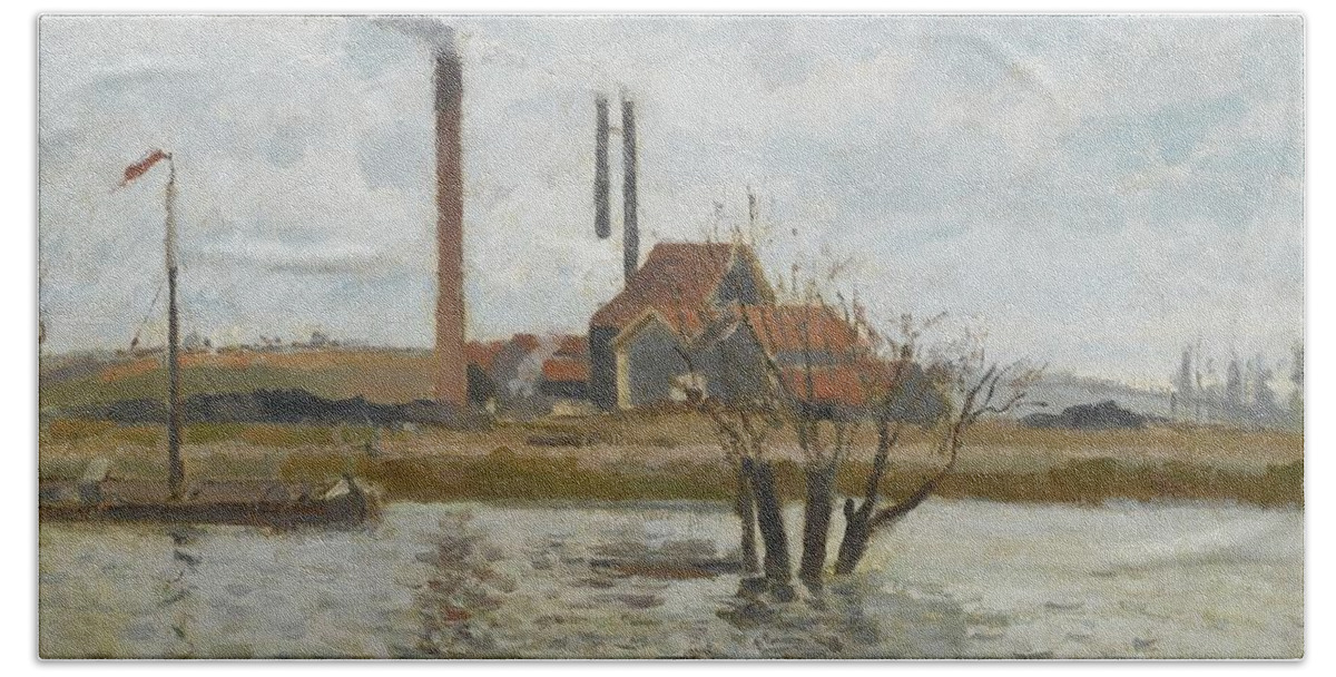 Camille Pissarro 1830 - 1903 Factory In Saint-ouen-alms Beach Towel featuring the painting Factory In Saint by Camille Pissarro