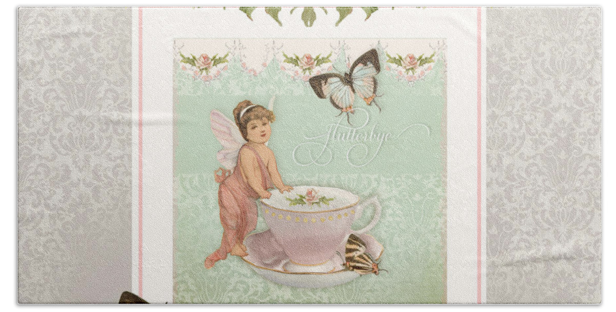 English Roses Beach Towel featuring the painting Fairy Teacups - Flutterbye Butterflies and English Rose Damask by Audrey Jeanne Roberts