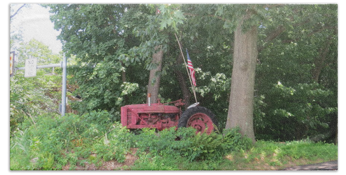 Red Tractor Beach Towel featuring the photograph Faithful American Tractor by Jeanette Oberholtzer