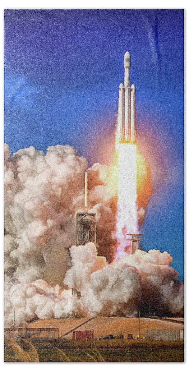 Falcon Heavy Beach Towel featuring the photograph Falcon Heavy SpaceX rocket launch maiden flight by SpaceX