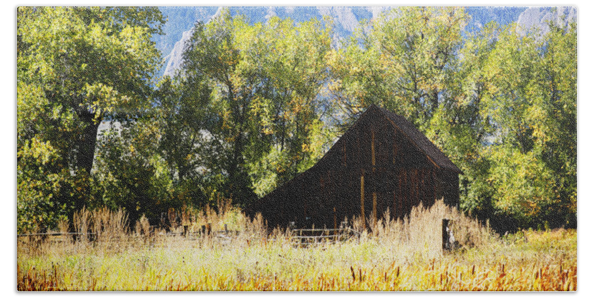 Fall Beach Towel featuring the photograph Old Barn Nestled by Marilyn Hunt