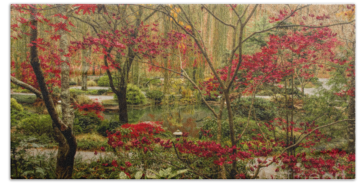 Fall Color Beach Towel featuring the photograph Fall Color in the Japanese Gardens by Barbara Bowen