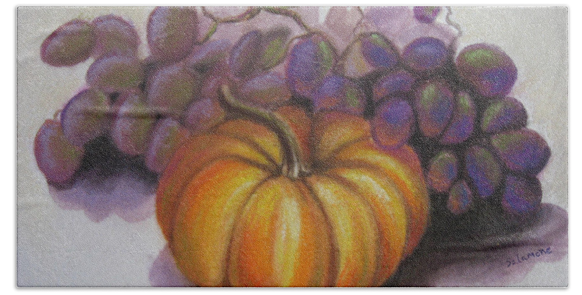 Fall Autumn Bounty Harvest Colors Pumpkin Grapes Purple Orange Rustic Beach Towel featuring the painting Fall Harvest by Brenda Salamone