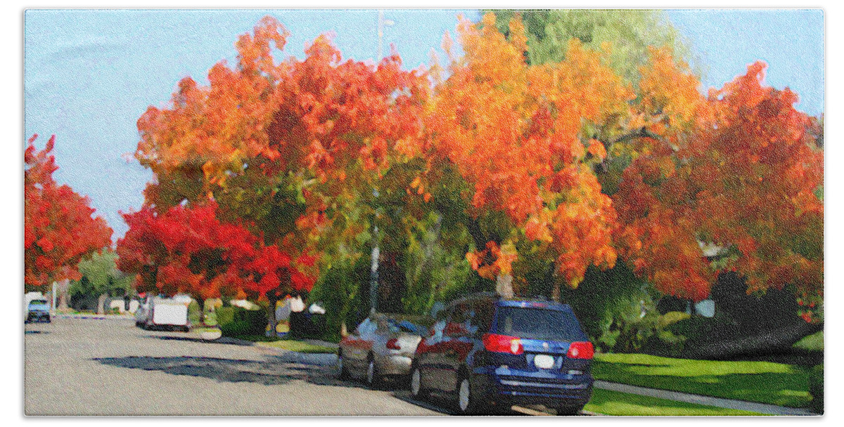 Fresno Streets Beach Towel featuring the painting Fall In The City by Gail Daley