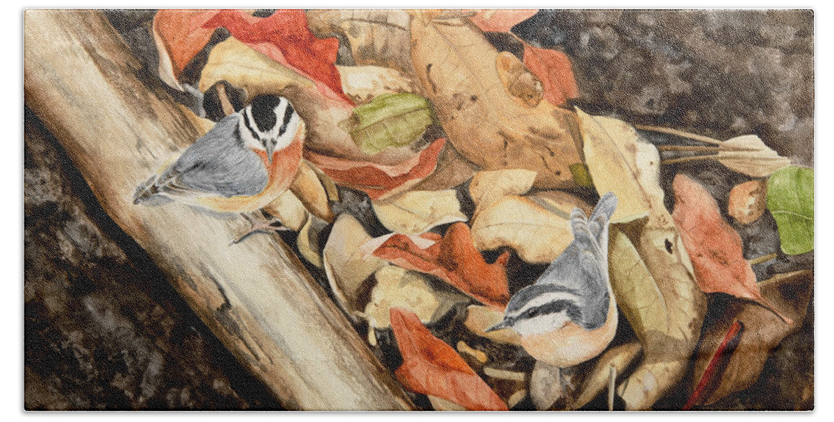 Nuthatches Beach Towel featuring the painting Fall nuthatch pair by Jessie Vaughn