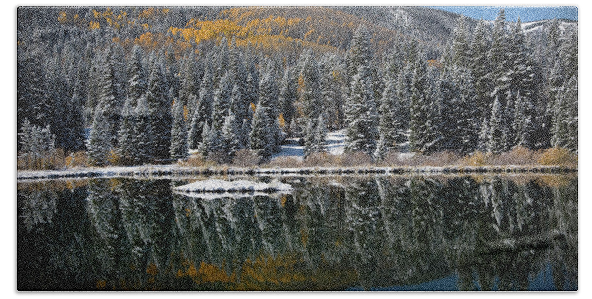 Mountains Beach Towel featuring the photograph Fall Reflections by Ron Weathers