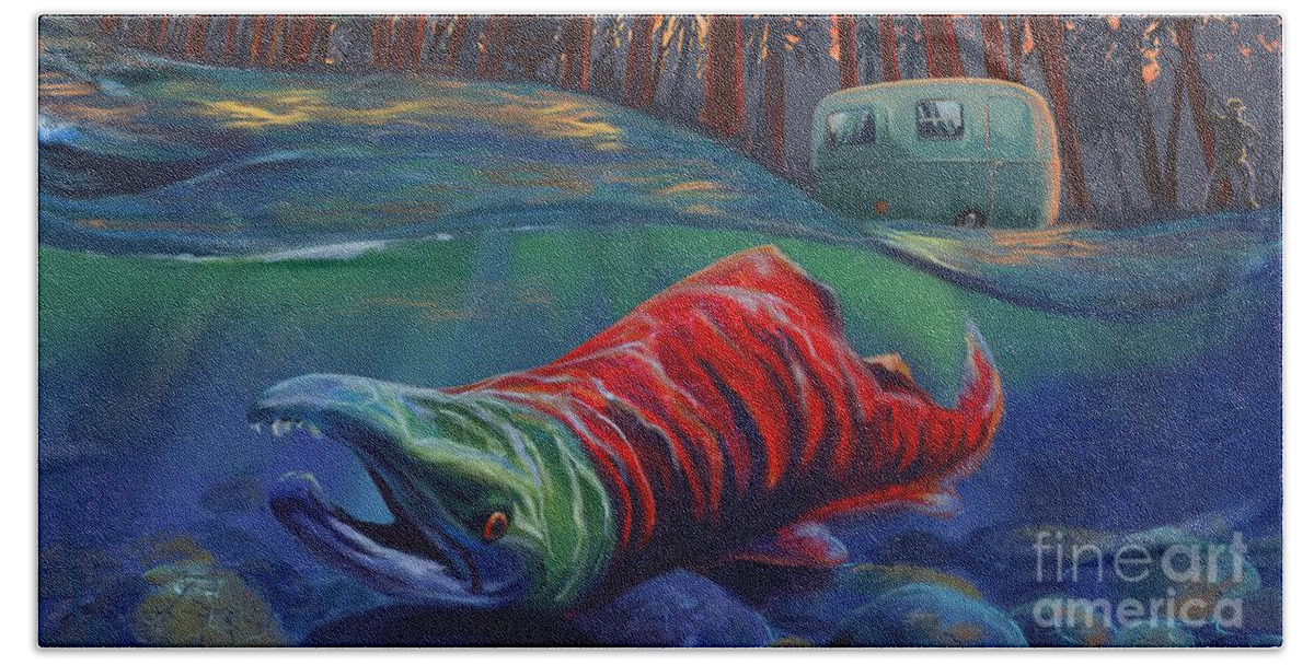 Fishing Painting Beach Towel featuring the painting Fall Salmon fishing by Sassan Filsoof