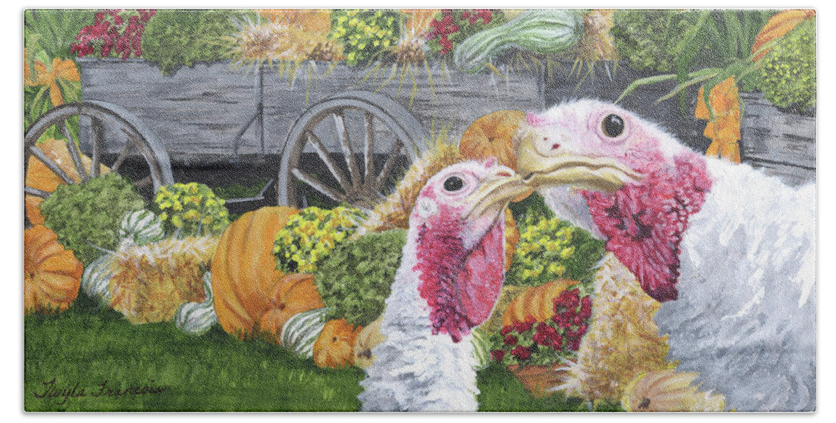 Portrait Beach Towel featuring the painting Fall Turkeys by Twyla Francois
