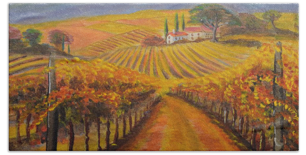 Fall Vineyards Beach Towel featuring the painting Fall Vineyards by Eric Johansen