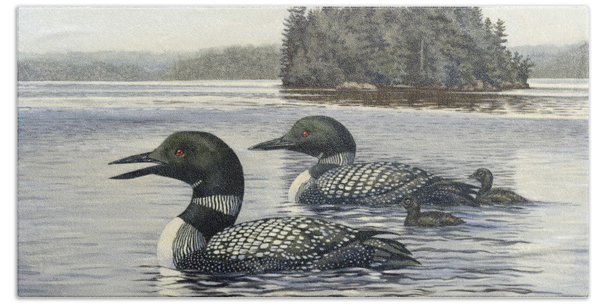 Common Loon Beach Towel featuring the painting Family Outing by Richard De Wolfe