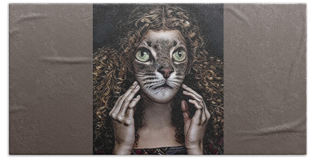 Digital Art Beach Towel featuring the digital art Fantasy Cat Art 34 by Artful Oasis