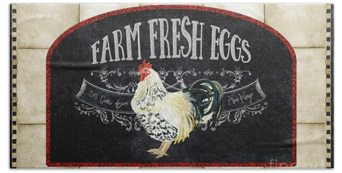 Farm To Table Beach Towel featuring the painting Farm Fresh Roosters 1 - Fresh Eggs Typography by Audrey Jeanne Roberts