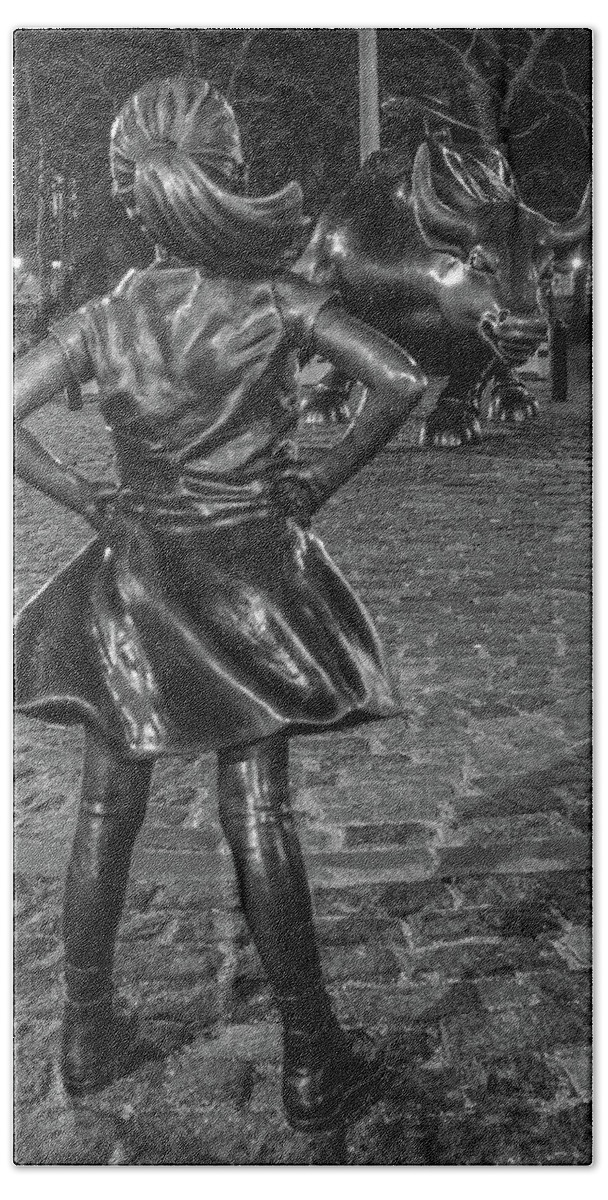 B&w Beach Sheet featuring the photograph Fearless Girl and Charging Bull NYC by John McGraw