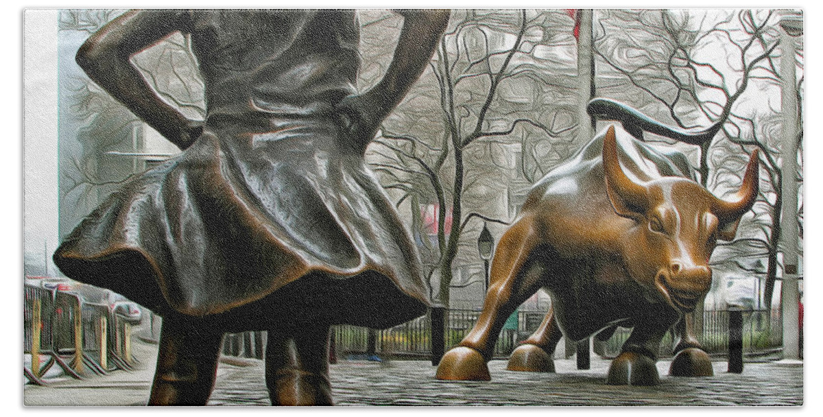 Fearless Girl Statue Beach Towel featuring the photograph Fearless Girl and Wall Street Bull Statues 5 by Nishanth Gopinathan