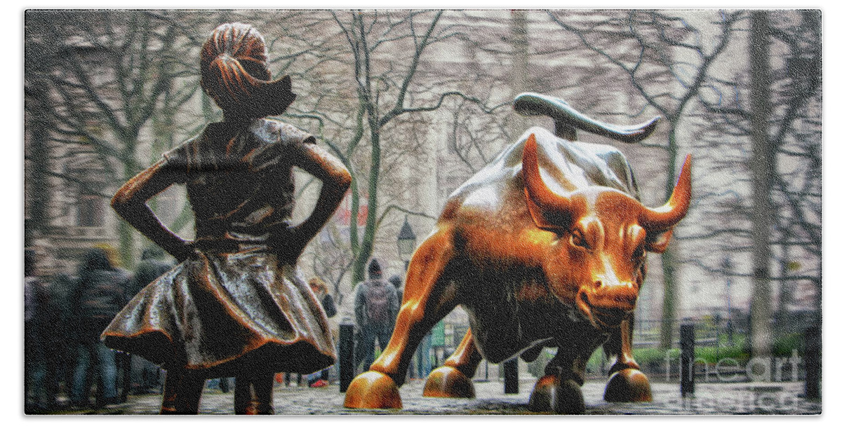 Fearless Girl Statue Beach Towel featuring the photograph Fearless Girl and Wall Street Bull Statues by Nishanth Gopinathan